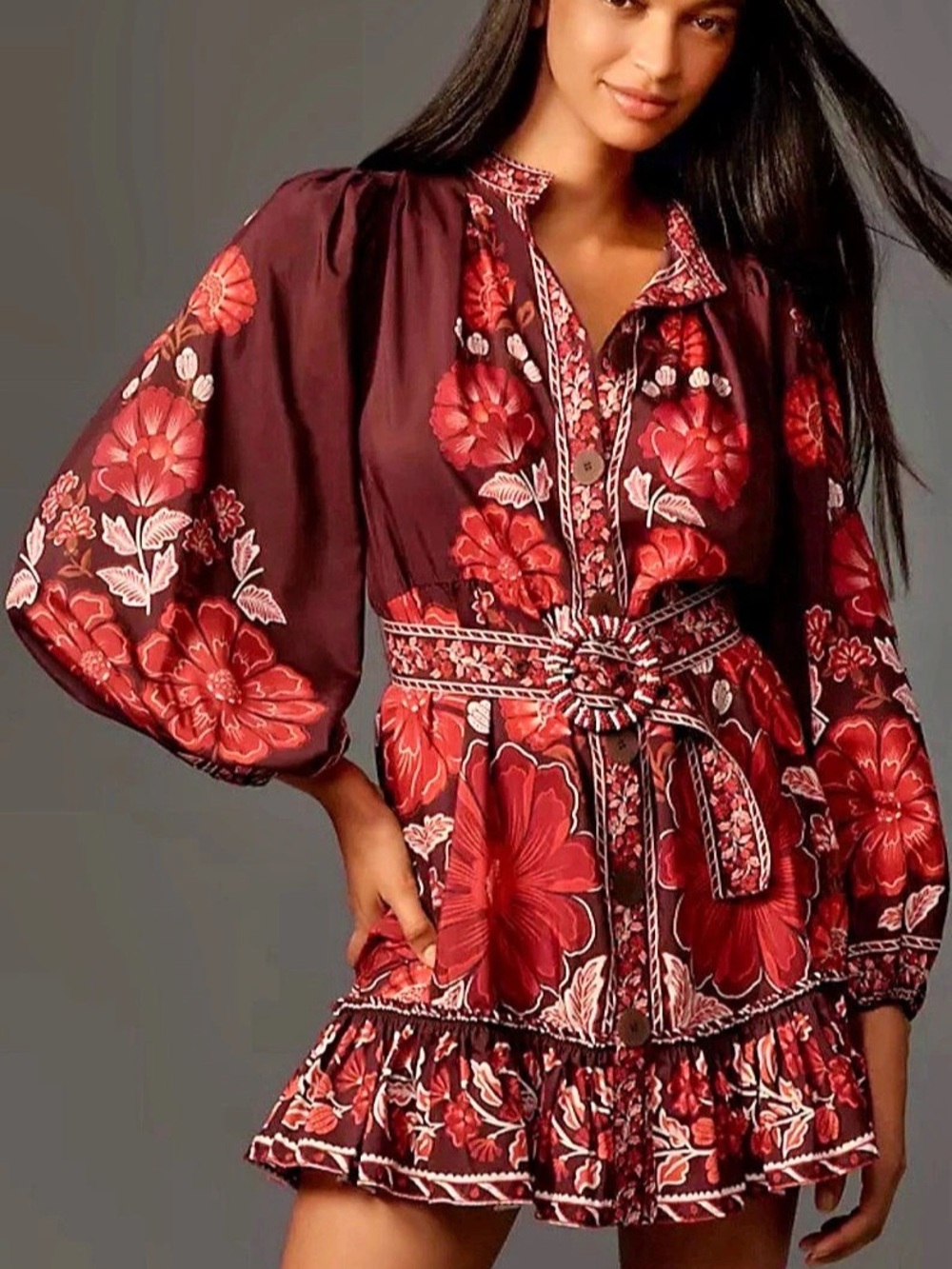 Farm Rio Bella Floral Long Sleeve Minidress Red & Brown Medium